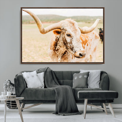 21060648-MGV-CV-36X24-Texas Longhorn Wall Art Canvas Print, Framed Speckled Cow Art Picture Print, Rustic Bull Perfect Rustic Western Decor Artwork