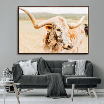 21060648-MGV-CV-36X24-Texas Longhorn Wall Art Canvas Print, Framed Speckled Cow Art Picture Print, Rustic Bull Perfect Rustic Western Decor Artwork