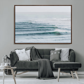 73969318-MGV-CV-36X24-Ocean Waves Wall Art Canvas Print, Framed Surfer Lineup Art Picture Print, Crowded Ocean Perfect Minimal Coastal Decor Artwork