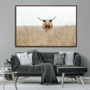 20927060-MGV-CV-36X24-Texas Longhorn Wall Art Canvas Print, Framed Lone Cattle Art Picture Print, Longhorn Bull Perfect Rustic Western Decor Artwork