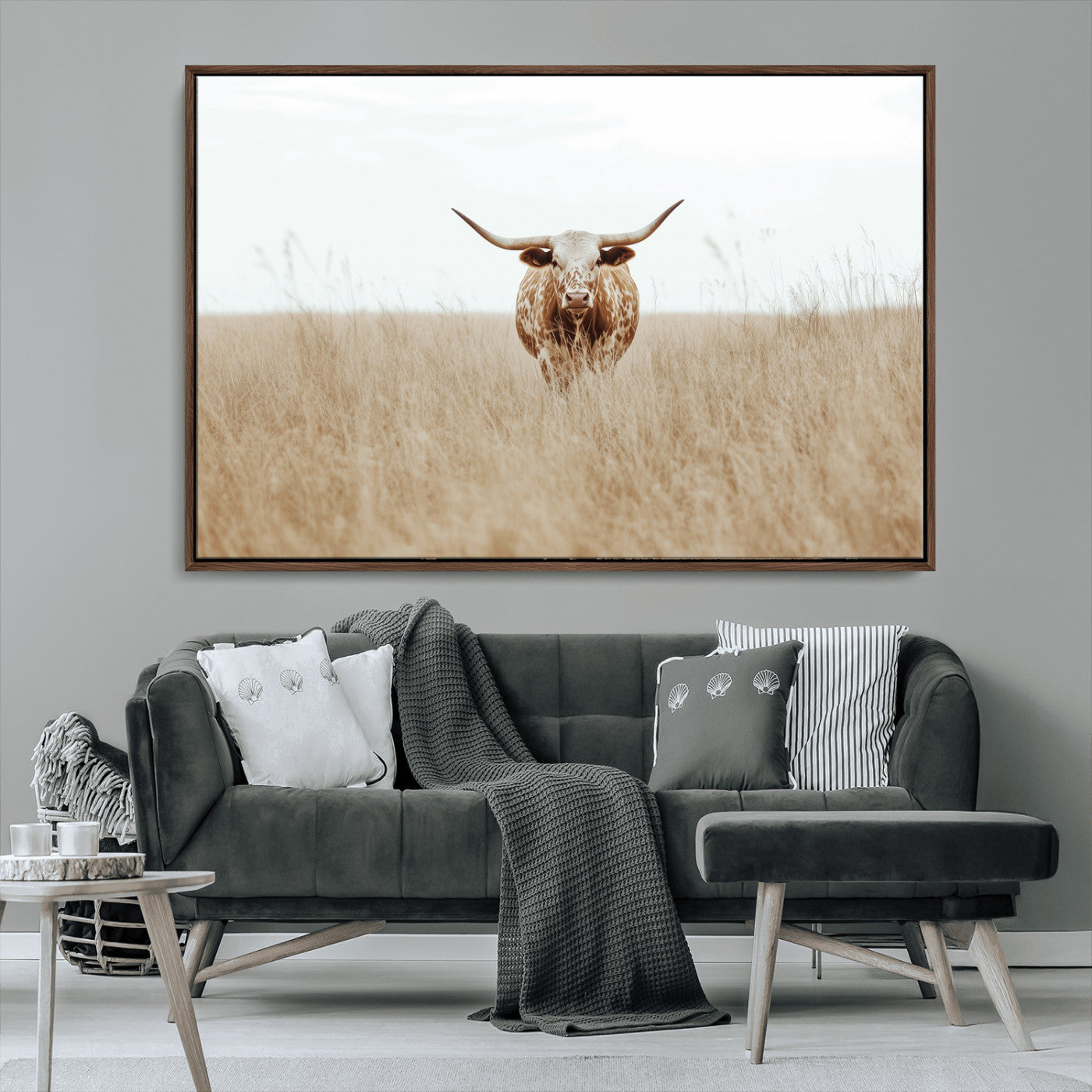 20927060-MGV-CV-36X24-Texas Longhorn Wall Art Canvas Print, Framed Lone Cattle Art Picture Print, Longhorn Bull Perfect Rustic Western Decor Artwork