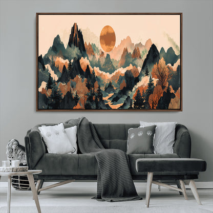 13012770-MGV-CV-36X24-Mountain Landscape Wall Art – Modern Nature Canvas Print with Sun, Misty Peaks, and Forest in Orange and Green Tones for Living