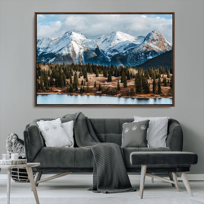 36247746-MGV-CV-36X24-Snowy Peaks Wall Art Canvas Print, Framed Alpine Lake Art Picture Print, Pine Forest Perfect Alpine Wilderness Decor Artwork