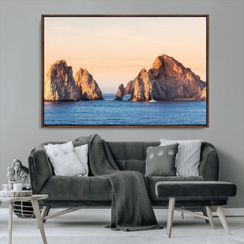 72996116-MGV-CV-36X24-El Arco Wall Art Canvas Print, Framed Cabo Rocks Art Picture Print, Ocean Arch Perfect Golden Coastal Landmark Decor Artwork