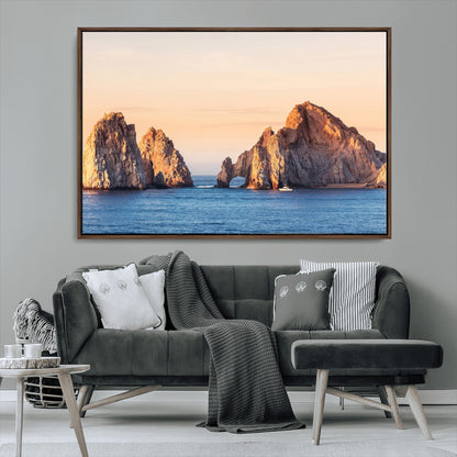 72996116-MGV-CV-36X24-El Arco Wall Art Canvas Print, Framed Cabo Rocks Art Picture Print, Ocean Arch Perfect Golden Coastal Landmark Decor Artwork
