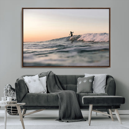 58502923-MGV-FC-36X24_Walnut-Wave Rider Wall Art Canvas Print, Framed Ocean Wave Art Picture Print, Riding Surf Perfect Sunset Surf Decor Artwork