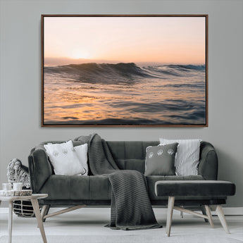 46299358-MGV-CV-36X24-Sunset Waves Wall Art Canvas Print, Framed Ocean Horizon Art Picture Print, Golden Water Perfect Golden Hour Coastal Decor Artwork
