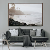 62501405-MGV-FC-36X24_Walnut-Misty Beach Wall Art Canvas Print, Framed California Surfer Art Picture Print, Coastal Cliff Perfect Coastal Beach Decor Artwork