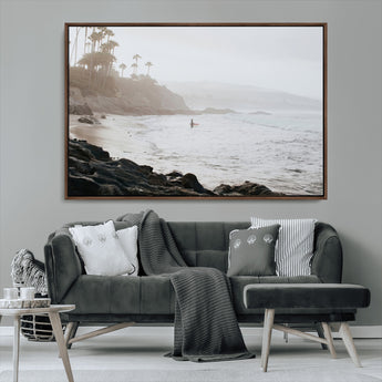 62501405-MGV-FC-36X24_Walnut-Misty Beach Wall Art Canvas Print, Framed California Surfer Art Picture Print, Coastal Cliff Perfect Coastal Beach Decor Artwork