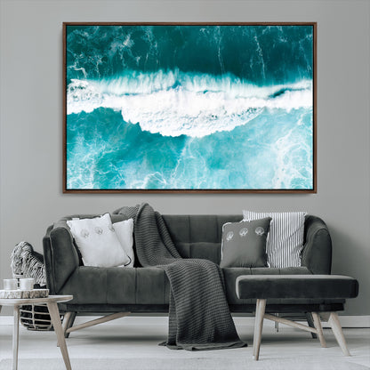 23828594-MGV-CV-36X24-Aerial Waves Wall Art Canvas Print, Framed Ocean Break Art Picture Print, Sea Foam Perfect Tropical Coastal Decor Artwork