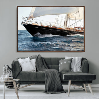 97168626-MGV-CV-36X24-Sailing Yacht Wall Art Canvas Print, Framed Wooden Yacht Art Picture Print, Ocean Waves Perfect Nautical Coastal Decor Artwork