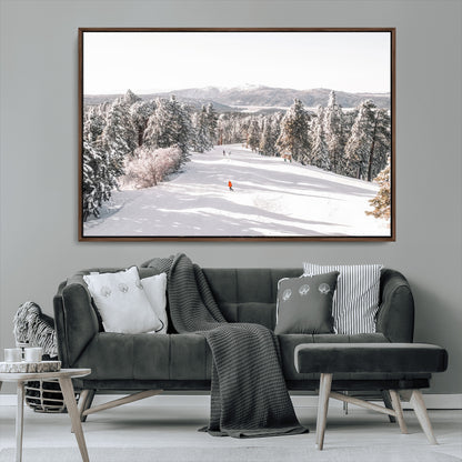 62119206-MGV-CV-36X24-Snowy Trail Wall Art Canvas Print, Framed Ski Slope Art Picture Print, Winter Pines Perfect Alpine Adventure Decor Artwork