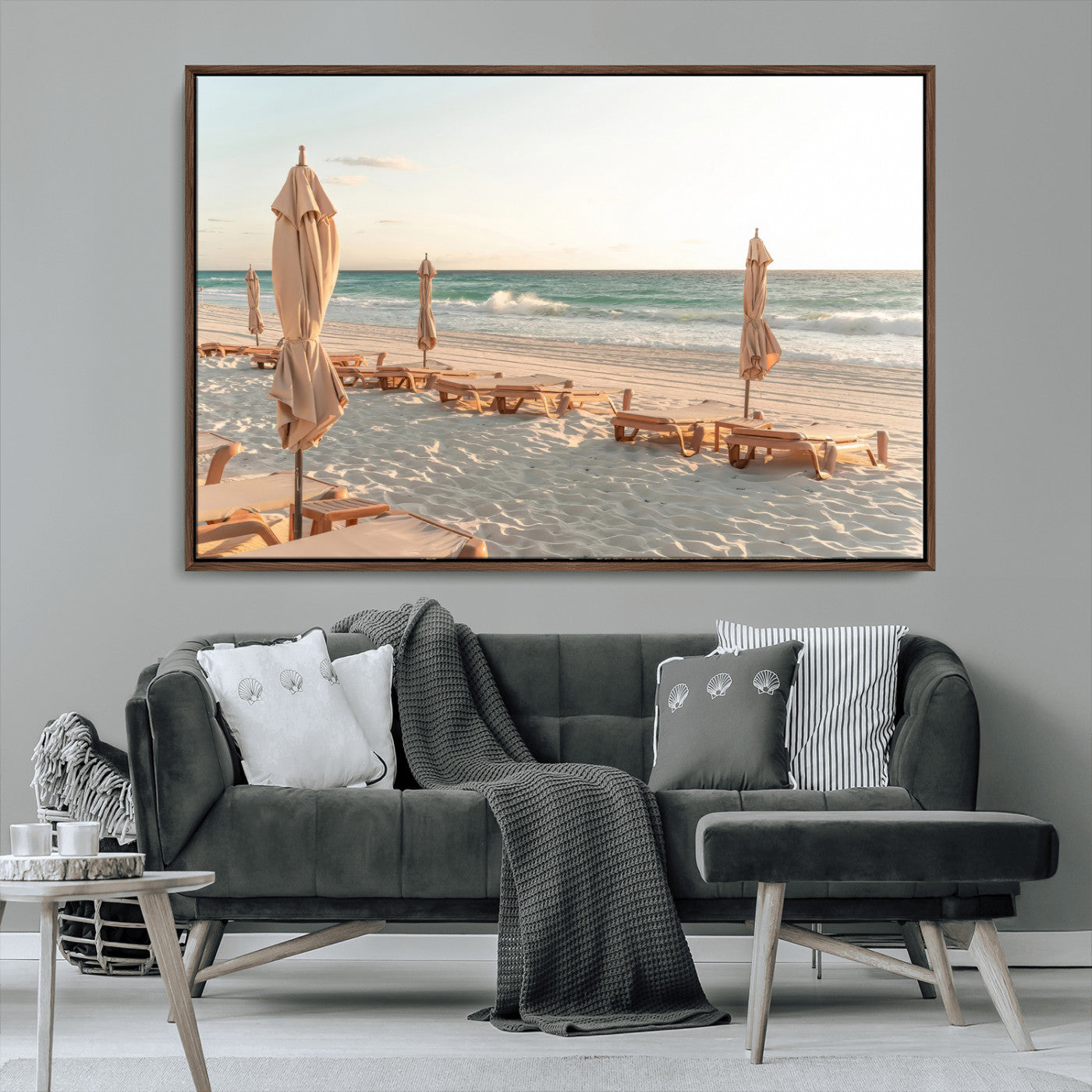 58507949-MGV-CV-36X24-Beach Umbrellas Wall Art Canvas Print, Framed Empty Loungers Art Picture Print, Soft Sand Perfect Minimalist Seaside Decor Artwork