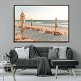 58507949-MGV-CV-36X24-Beach Umbrellas Wall Art Canvas Print, Framed Empty Loungers Art Picture Print, Soft Sand Perfect Minimalist Seaside Decor Artwork