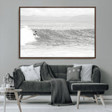 81535128-MGV-CV-36X24-Surfer Woman Wall Art Canvas Print, Framed Black Ocean Art Picture Print, Ocean Surfing Perfect Monochrome Coastal Decor Artwork