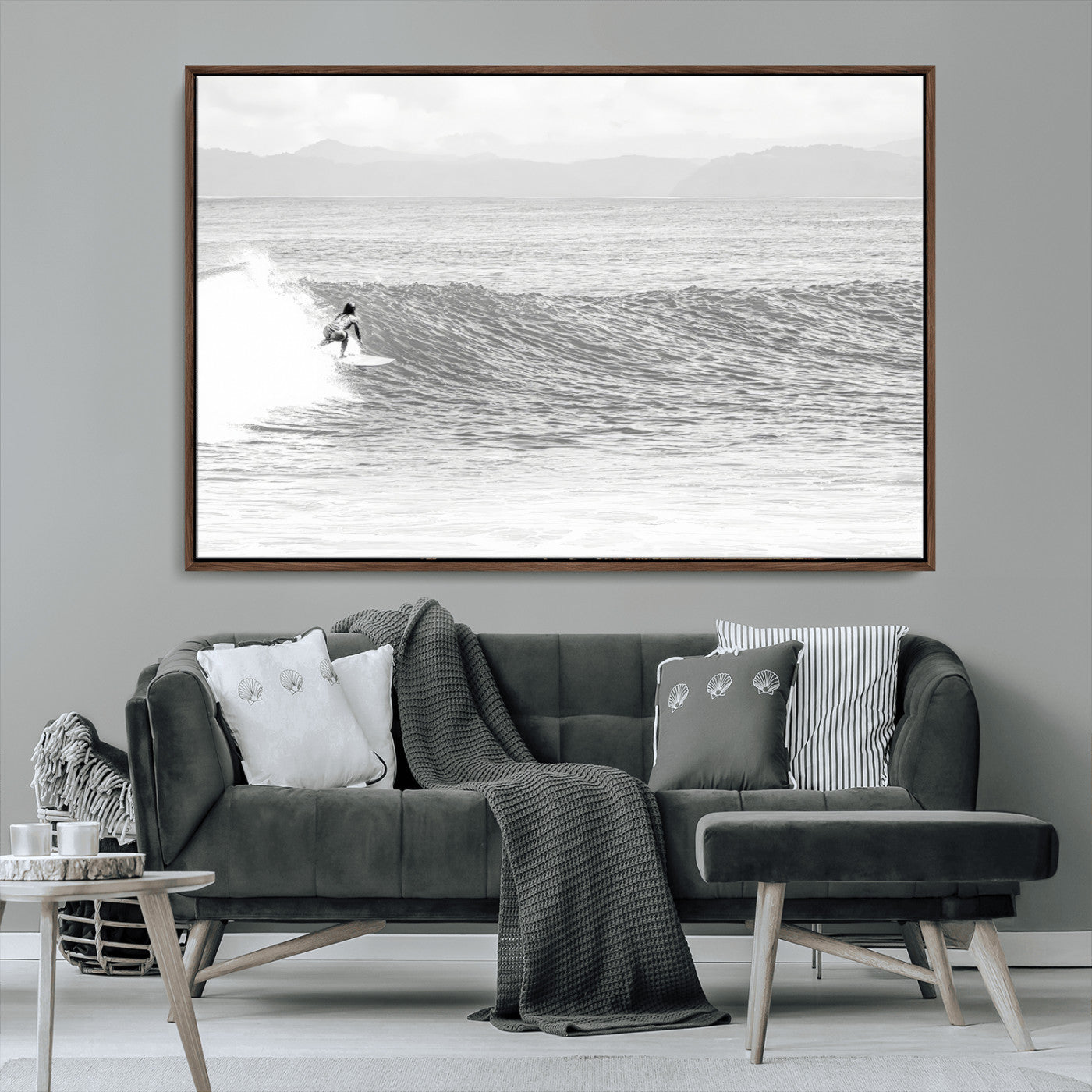 81535128-MGV-CV-36X24-Surfer Woman Wall Art Canvas Print, Framed Black Ocean Art Picture Print, Ocean Surfing Perfect Monochrome Coastal Decor Artwork