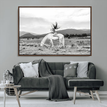 62789800-MGV-CV-36X24-White Horse Wall Art Canvas Print, Framed Woman Rider Art Picture Print, Equestrian Pose Perfect Western Boho Decor Artwork