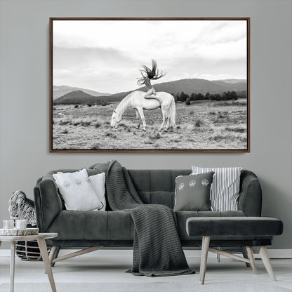 62789800-MGV-CV-36X24-White Horse Wall Art Canvas Print, Framed Woman Rider Art Picture Print, Equestrian Pose Perfect Western Boho Decor Artwork
