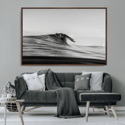 24029476-MGV-FC-36X24_Walnut-Black Wave Wall Art Canvas Print, Framed Abstract Surf Art Picture Print, Minimalist Ocean Perfect Minimalist Coastal Decor