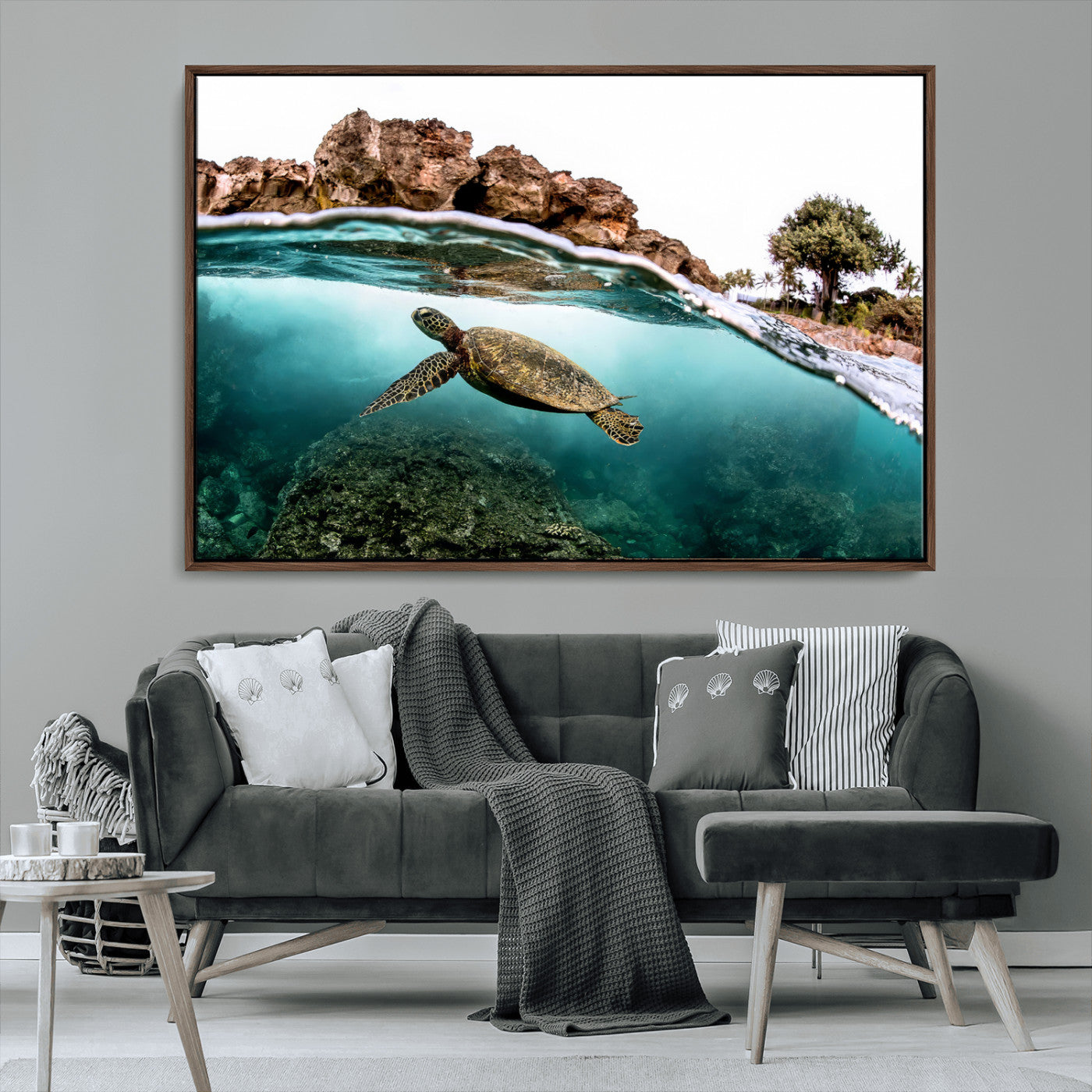 44200301-MGV-CV-36X24-Sea Turtle Swim Wall Art Canvas Print, Framed Ocean Life Art Picture Print, Tropical Shoreline Perfect Tropical Coastal Decor
