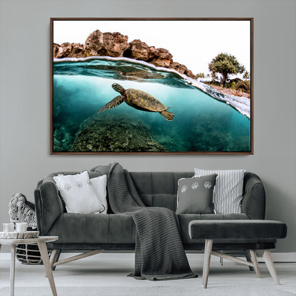 44200301-MGV-CV-36X24-Sea Turtle Swim Wall Art Canvas Print, Framed Ocean Life Art Picture Print, Tropical Shoreline Perfect Tropical Coastal Decor