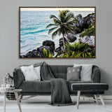 94669907-MGV-CV-36X24-Tropical Coastline Wall Art Canvas Print, Framed Palm Tree Art Picture Print, Rocky Beach Perfect Tropical Coastal Decor Artwork