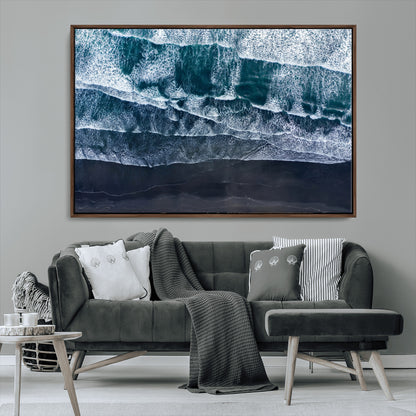 87941475-MGV-CV-36X24-Black Beach Wall Art Canvas Print, Framed Aerial Ocean Art Picture Print, Moody Coastal Perfect Modern Coastal Decor Artwork