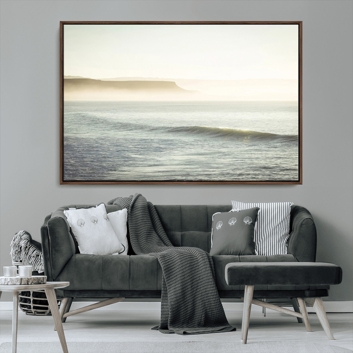 39310633-MGV-CV-36X24-Coastal Cliffs Wall Art Canvas Print, Framed Misty Ocean Art Picture Print, Morning Light Perfect Minimalistic Coastal Decor