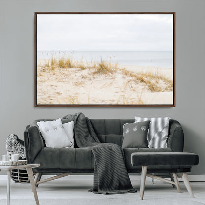 13146857-MGV-CV-36X24-Beach Dunes Wall Art Canvas Print, Framed Soft Horizon Art Picture Print, Coastal Grass Perfect Minimalist Coastal Decor Artwork