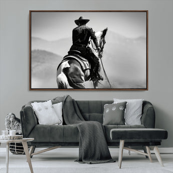 83102464-MGV-FC-36X24_Walnut-Western Cowboy Wall Art Canvas Print, Framed Monochrome Horse Art Picture Print, Western Equestrian Perfect Rustic Western Decor