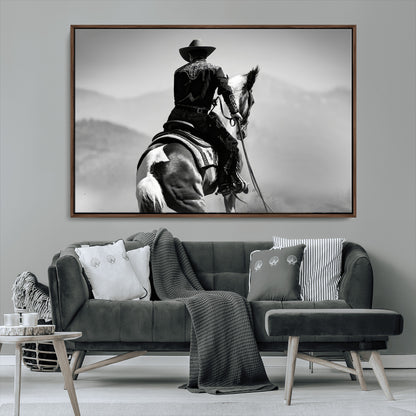 83102464-MGV-FC-36X24_Walnut-Western Cowboy Wall Art Canvas Print, Framed Monochrome Horse Art Picture Print, Western Equestrian Perfect Rustic Western Decor