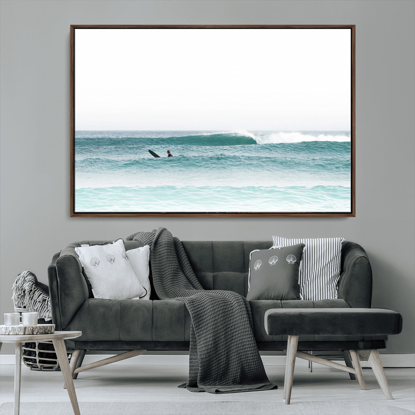 56345117-MGV-CV-36X24-Minimalist Surfing Wall Art Canvas Print, Framed Ocean Waves Art Picture Print, Soft Ocean Perfect Minimalist Coastal Decor
