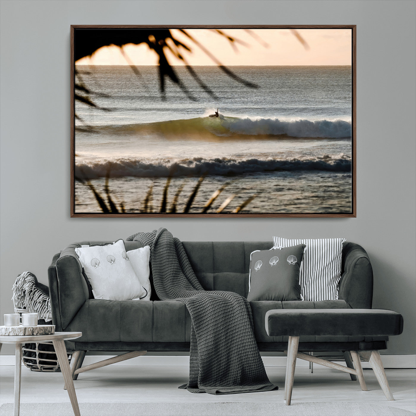 24896468-MGV-CV-36X24-Sunset Surf Wall Art Canvas Print, Framed Golden Waves Art Picture Print, Tropical Ocean Perfect Tropical Boho Decor Artwork