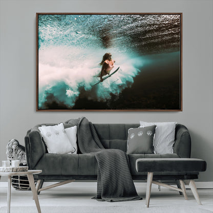 85923512-MGV-CV-36X24-Aquatic Motion Wall Art Canvas Print, Framed Underwater Swimming Art Picture Print, Female Surfer Diving Perfect Coastal Boho