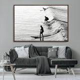 19875284-MGV-CV-36X24-Surfer Waves Wall Art Canvas Print, Framed Black White Surf Art Picture Print, Monochrome Ocean Perfect Modern Coastal Decor