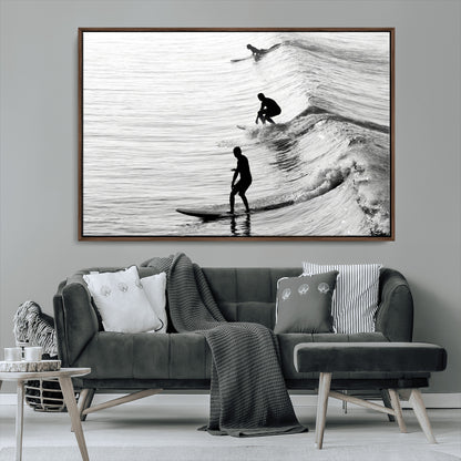 19875284-MGV-CV-36X24-Surfer Waves Wall Art Canvas Print, Framed Black White Surf Art Picture Print, Monochrome Ocean Perfect Modern Coastal Decor