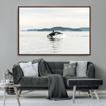 10157174-MGV-CV-36X24-Orca Whale Wall Art Canvas Print, Framed Black White Whale Art Picture Print, Minimalist Ocean Perfect Coastal Minimalist Decor