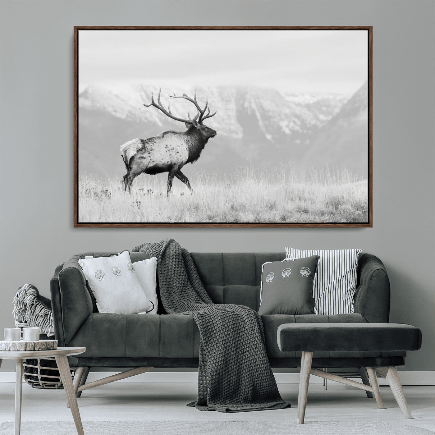 62278753-MGV-CV-36X24-Monochrome Elk Wall Art Canvas Print, Framed Mountain Wildlife Art Picture Print, Rustic Nature Perfect Rustic Minimalist Decor