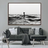 69541918-MGV-FC-36X24_Walnut-Black White Ocean Wall Art Canvas Print, Framed Moody Seascape Art Picture Print, Surfer Sign Perfect Moody Minimalist Decor