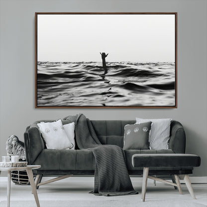 69541918-MGV-FC-36X24_Walnut-Black White Ocean Wall Art Canvas Print, Framed Moody Seascape Art Picture Print, Surfer Sign Perfect Moody Minimalist Decor