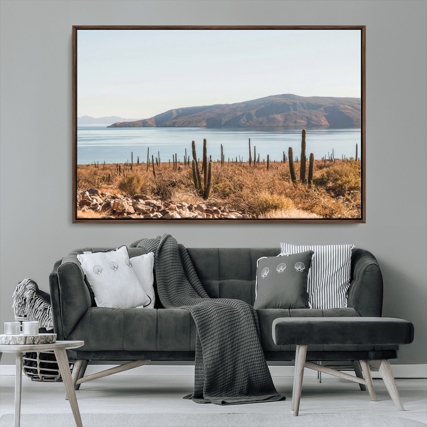 45193515-MGV-FC-36X24_Walnut-Desert Cactus Wall Art Canvas Print, Framed Baja Coastline Art Picture Print, Coastal Desert Perfect Southwestern Minimalist Decor