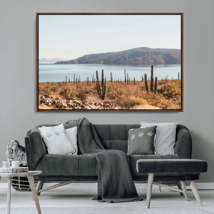 45193515-MGV-FC-36X24_Walnut-Desert Cactus Wall Art Canvas Print, Framed Baja Coastline Art Picture Print, Coastal Desert Perfect Southwestern Minimalist Decor