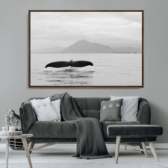 30524220-MGV-CV-36X24-Whale Tail Wall Art Canvas Print, Framed Black White Ocean Art Picture Print, Calm Marine Perfect Minimalist Coastal Decor Artwork
