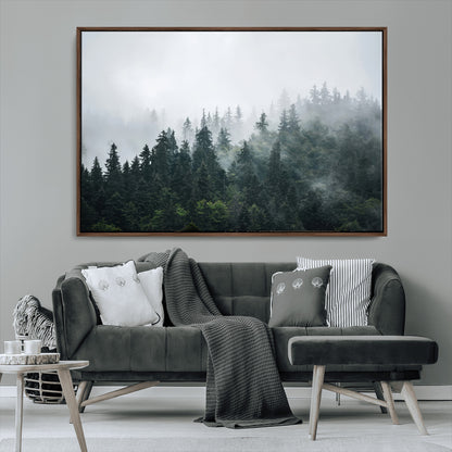 84146572-MGV-FC-36X24_Walnut-Foggy Pine Trees Wall Art Canvas Print, Framed Forest Nature Art Picture Print, Evergreen Forest Perfect Scandinavian Minimalist
