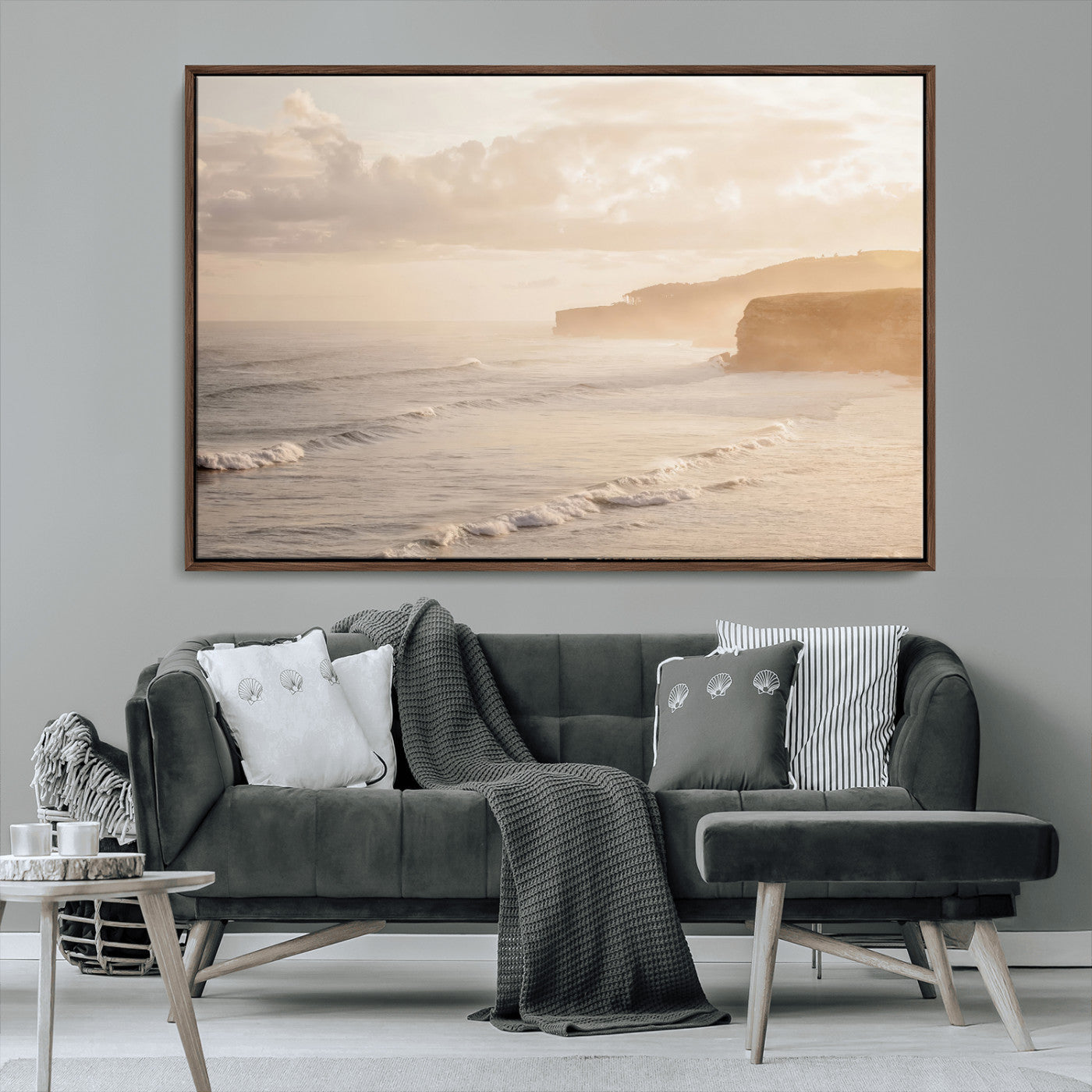 57669769-MGV-CV-36X24-Misty Coastal Wall Art Canvas Print, Framed Golden Sunset Art Picture Print, Serene Shoreline Perfect Tranquil Coastal Decor