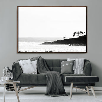40875891-MGV-CV-36X24-SurferCliffs Wall Art Canvas Print, Framed Black White Beach Art Picture Print, Ocean Waves Perfect Minimalist Coastal Decor