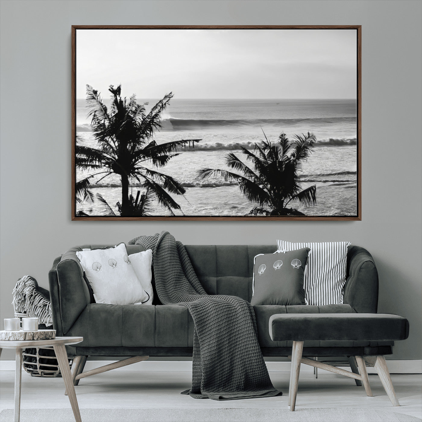 17508038-MGV-CV-36X24-Tropical Coastline Wall Art Canvas Print, Framed Palm Trees Art Picture Print, Ocean Waves Perfect Minimalist Coastal Decor