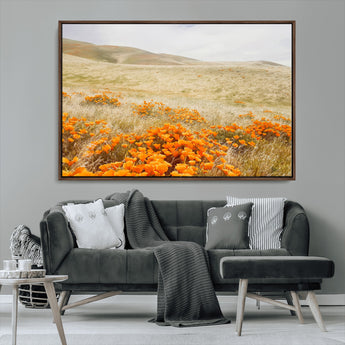 28972262-MGV-CV-36X24-Golden Wildflowers Wall Art Canvas Print, Framed Hills Bloom Art Picture Print, Poppy Meadow Perfect Rustic Nature Decor Artwork
