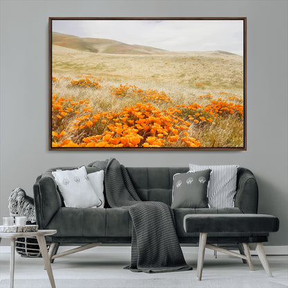 28972262-MGV-CV-36X24-Golden Wildflowers Wall Art Canvas Print, Framed Hills Bloom Art Picture Print, Poppy Meadow Perfect Rustic Nature Decor Artwork