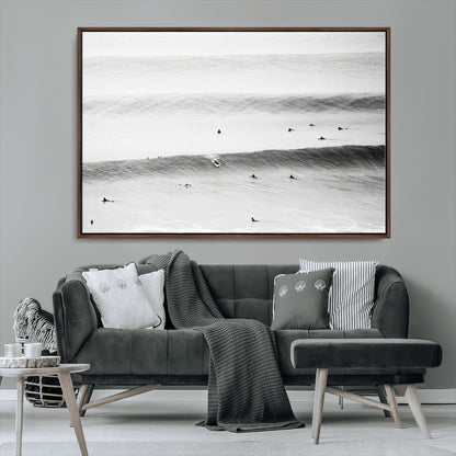 54291445-MGV-FC-36X24_Walnut-Black White Ocean Wall Art Canvas Print, Framed Coastal Sport Art Picture Print, Ocean Culture Perfect Minimalist Coastal Decor